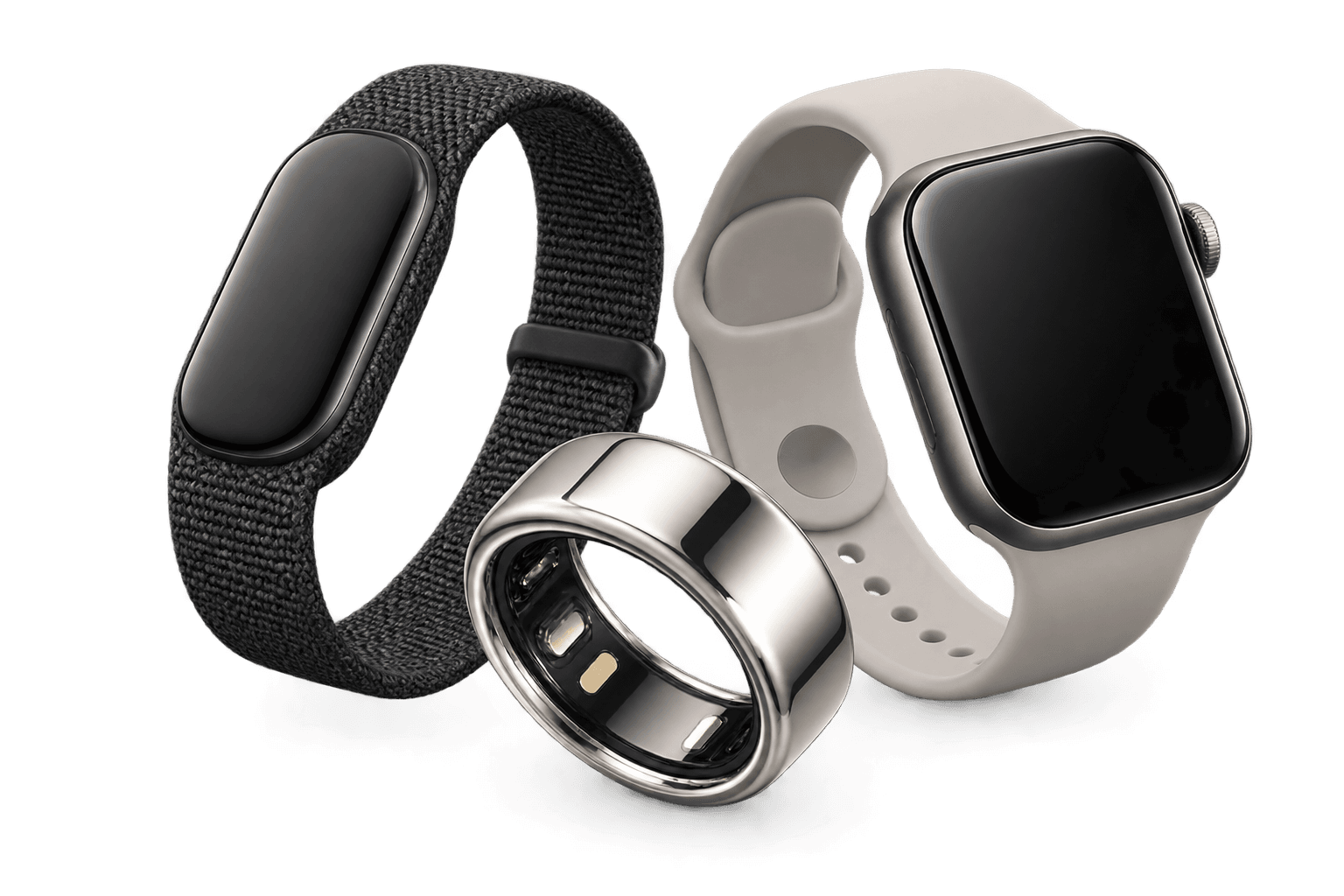 A silver smart ring, a woven fitness band and a smartwatch with a light gray strap.